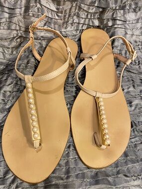 Vintage Aldo Pearl-Embellished Beige T-Strap Sandals
